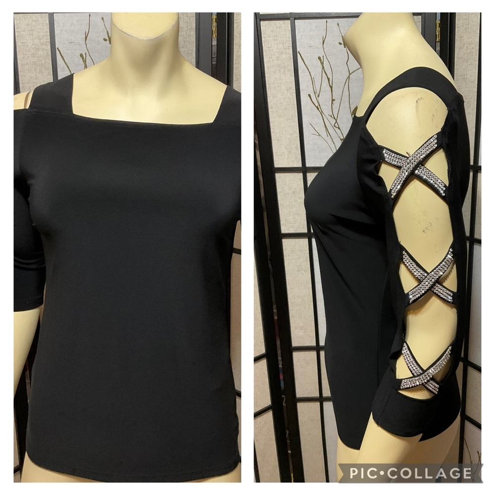 Joseph Ribkoff Cold Shoulder Top with Rhinestone Embellishment